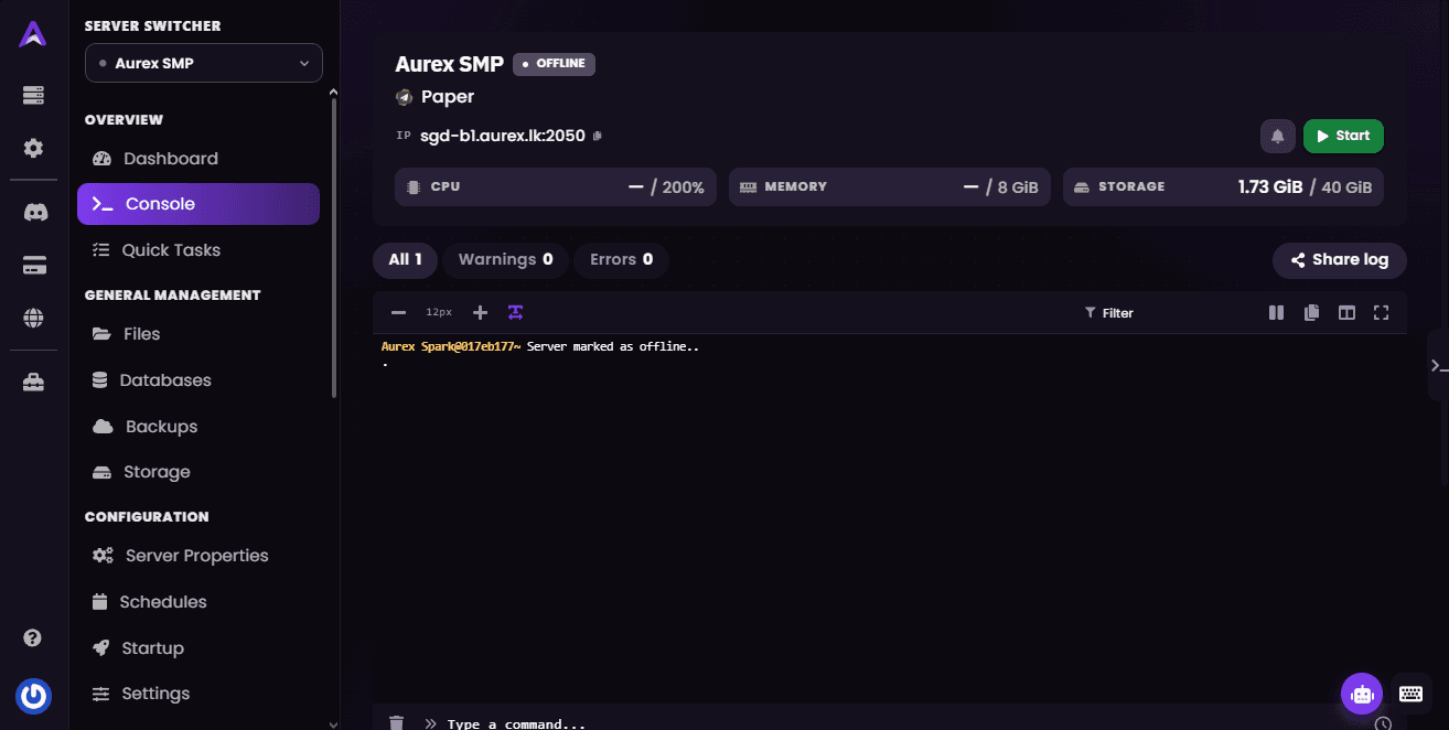 Live console in the Aurex Spark Game Panel