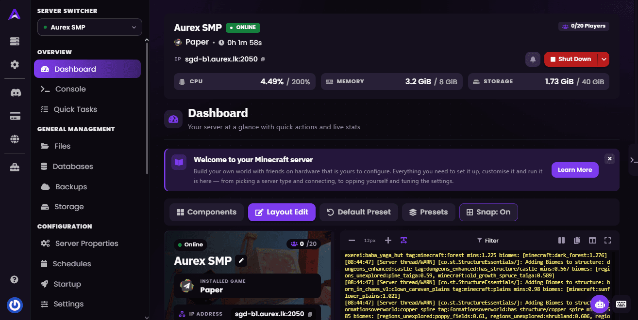 Aurex Spark Game Panel dashboard